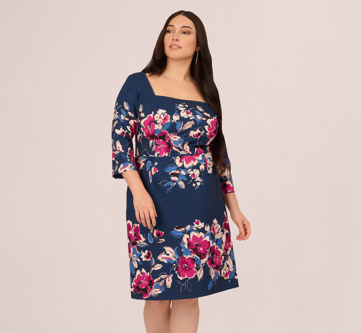 Plus Size Three Quarter Sleeve Floral Sheath Dress - Navy Pink Multi | Adrianna Papell