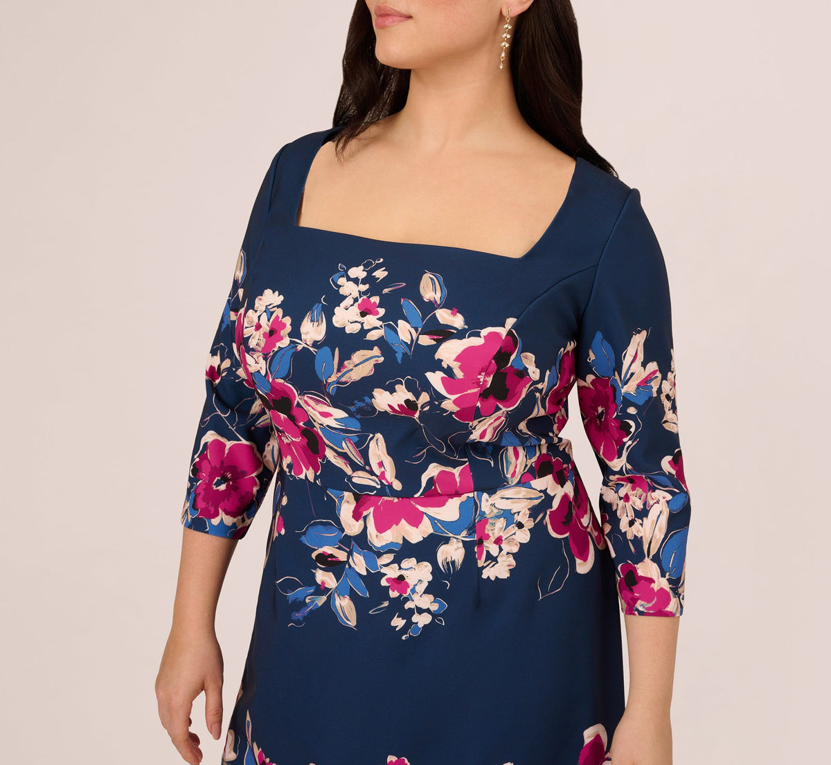 Plus Size Three Quarter Sleeve Floral Sheath Dress - Navy Pink Multi | Adrianna Papell
