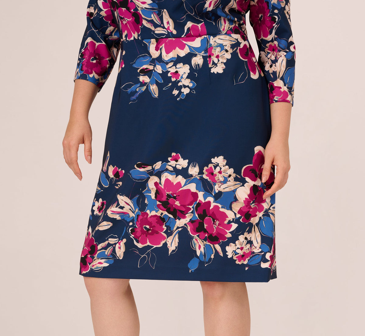 Plus Size Three Quarter Sleeve Floral Sheath Dress - Navy Pink Multi | Adrianna Papell