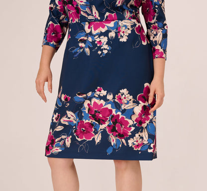Plus Size Three Quarter Sleeve Floral Sheath Dress - Navy Pink Multi | Adrianna Papell