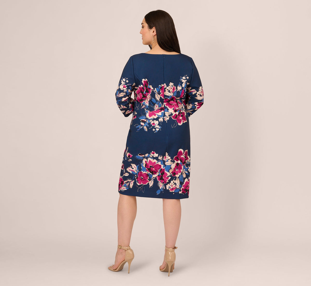 Plus Size Three Quarter Sleeve Floral Sheath Dress - Navy Pink Multi | Adrianna Papell