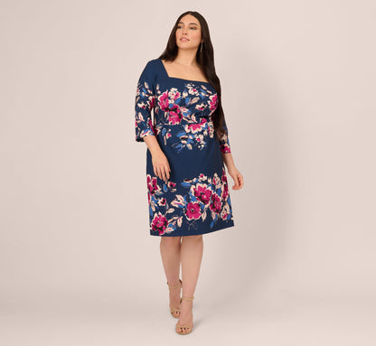Plus Size Three Quarter Sleeve Floral Sheath Dress - Navy Pink Multi | Adrianna Papell