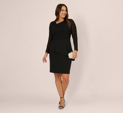 Plus Size Long Sleeve Asymmetrical Peplum Sheath Dress - Black | Adrianna Papell
