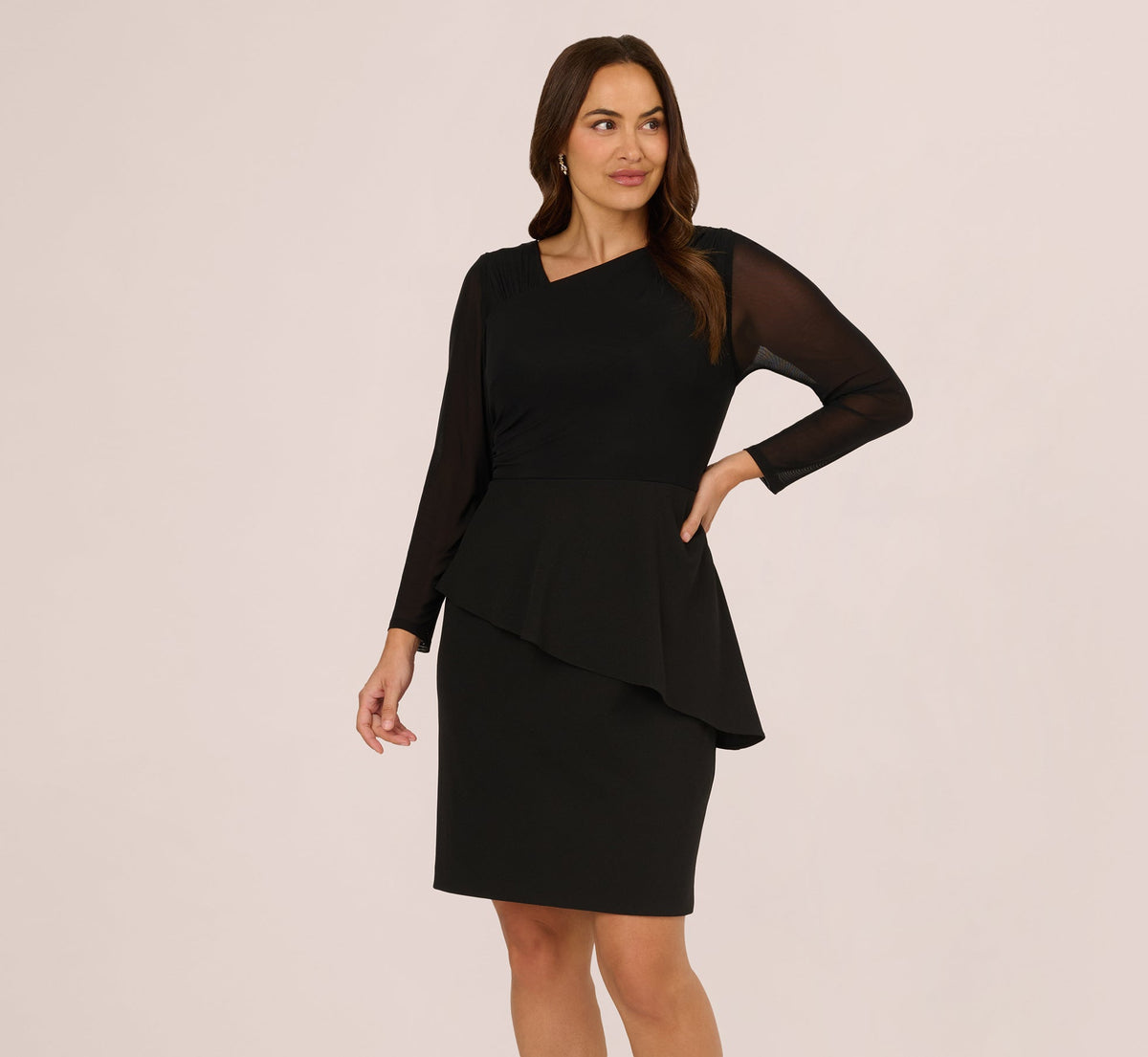 Plus Size Long Sleeve Asymmetrical Peplum Sheath Dress - Black | Adrianna Papell