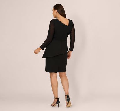Plus Size Long Sleeve Asymmetrical Peplum Sheath Dress - Black | Adrianna Papell