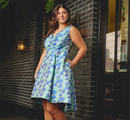 Plus Size Sleeveless Tulip Jacquard Fit And Flare Midi Dress - Blue Green Multi | Adrianna Papell