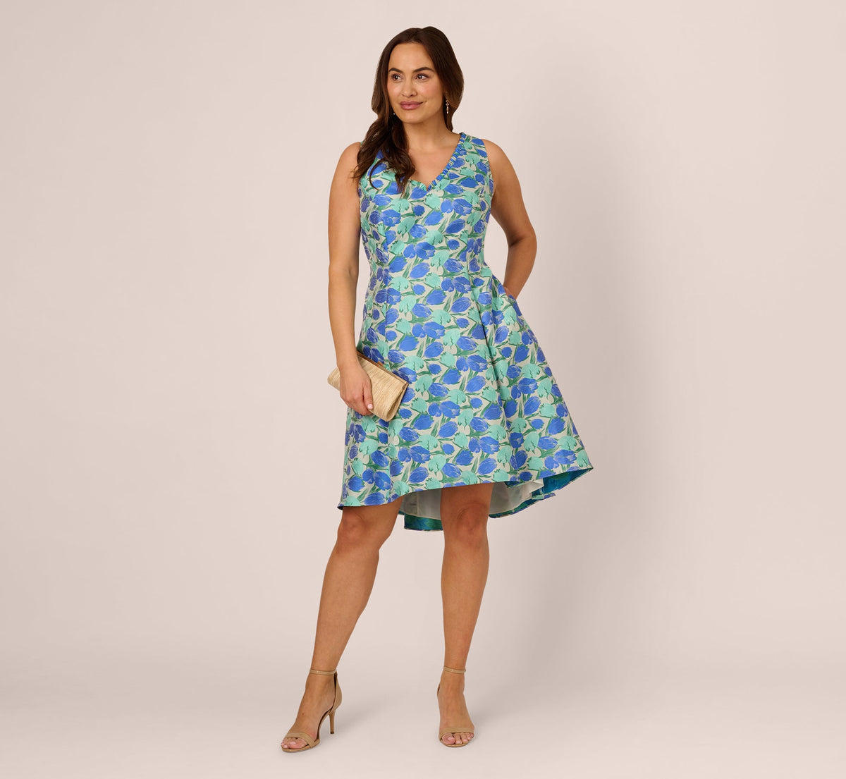 Plus Size Sleeveless Tulip Jacquard Fit And Flare Midi Dress - Blue Green Multi | Adrianna Papell
