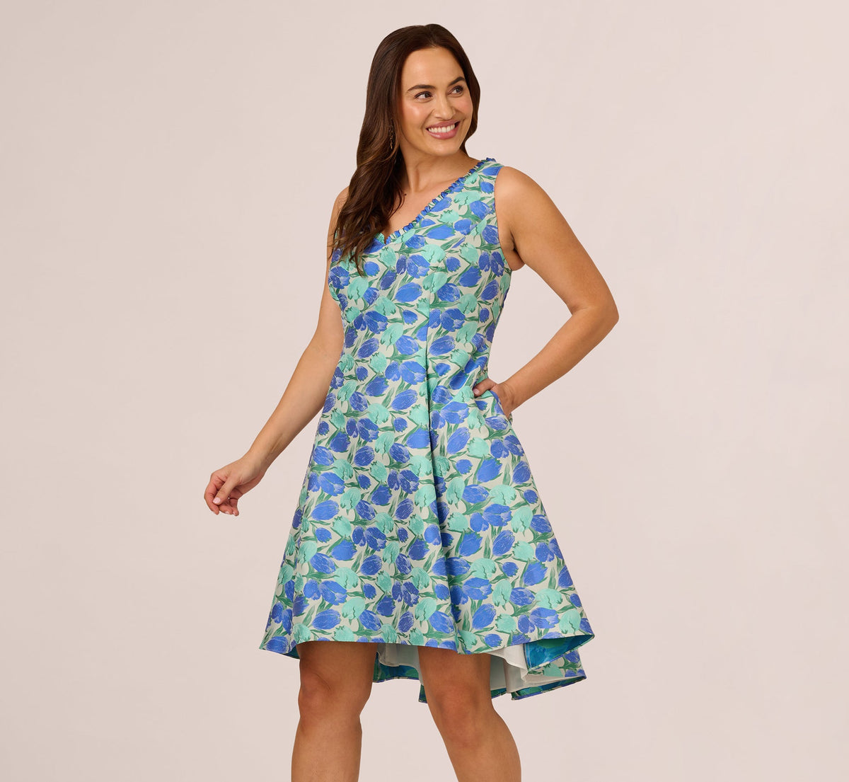 Plus Size Sleeveless Tulip Jacquard Fit And Flare Midi Dress - Blue Green Multi | Adrianna Papell