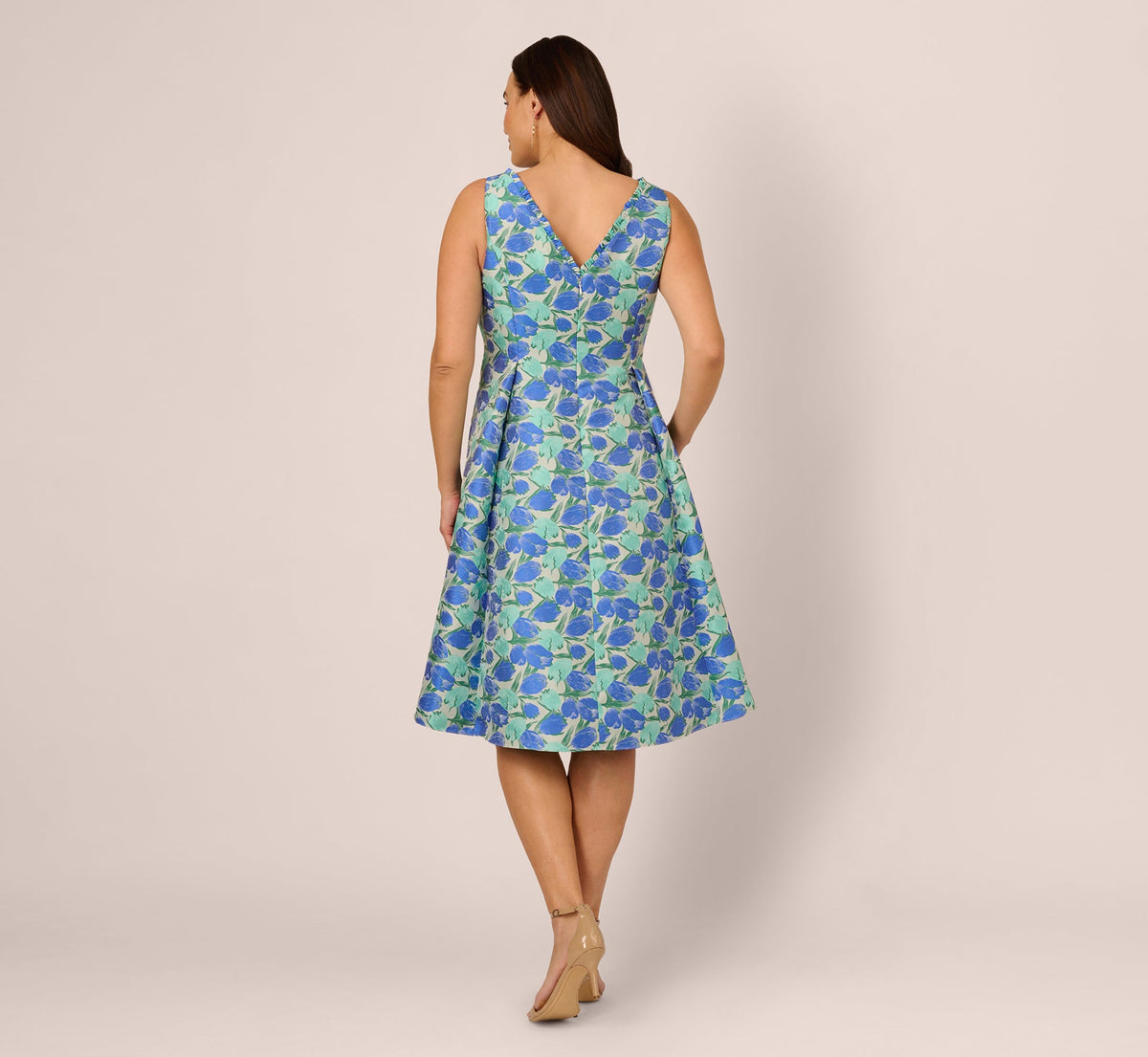 Plus Size Sleeveless Tulip Jacquard Fit And Flare Midi Dress - Blue Green Multi | Adrianna Papell