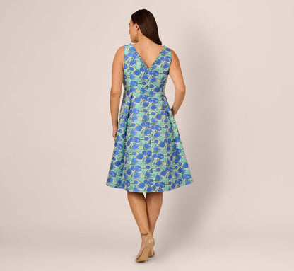 Plus Size Sleeveless Tulip Jacquard Fit And Flare Midi Dress - Blue Green Multi | Adrianna Papell