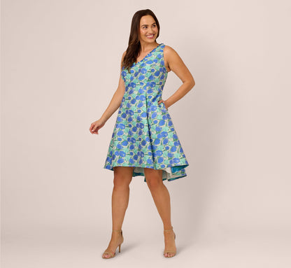 Plus Size Sleeveless Tulip Jacquard Fit And Flare Midi Dress - Blue Green Multi | Adrianna Papell