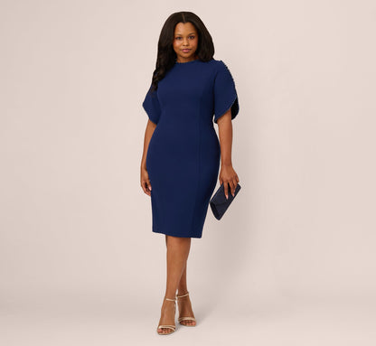Plus Size Crepe Midi Length Sheath Dress With Pearly Trim - Navy Sateen | Adrianna Papell