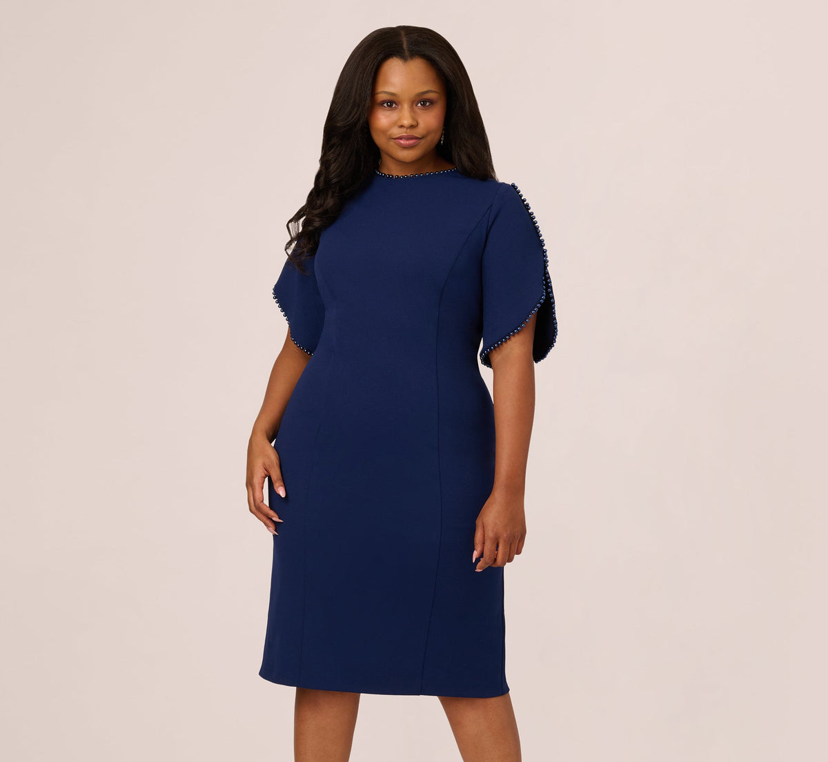 Plus Size Crepe Midi Length Sheath Dress With Pearly Trim - Navy Sateen | Adrianna Papell