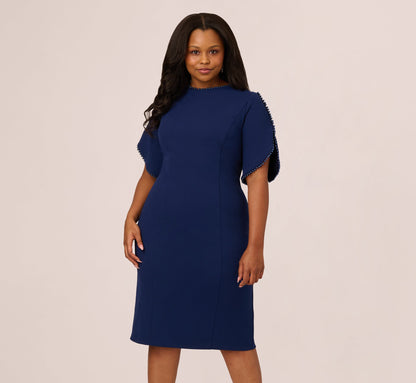 Plus Size Crepe Midi Length Sheath Dress With Pearly Trim - Navy Sateen | Adrianna Papell