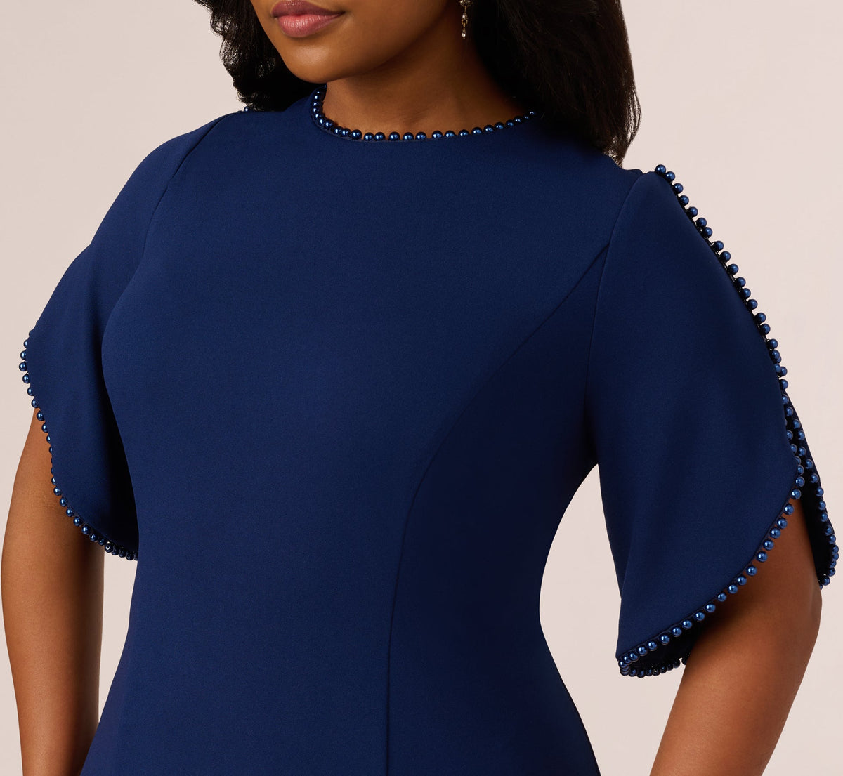 Plus Size Crepe Midi Length Sheath Dress With Pearly Trim - Navy Sateen | Adrianna Papell