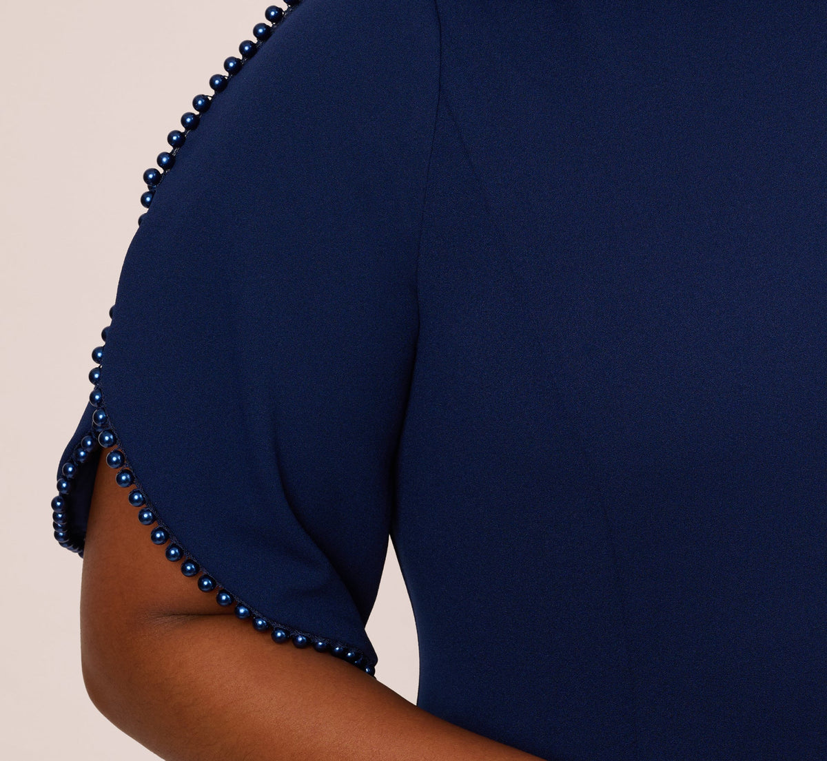 Plus Size Crepe Midi Length Sheath Dress With Pearly Trim - Navy Sateen | Adrianna Papell