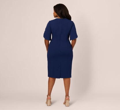 Plus Size Crepe Midi Length Sheath Dress With Pearly Trim - Navy Sateen | Adrianna Papell