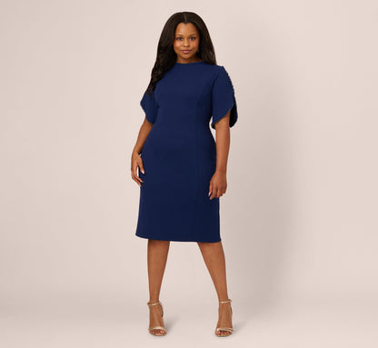 Plus Size Crepe Midi Length Sheath Dress With Pearly Trim - Navy Sateen | Adrianna Papell