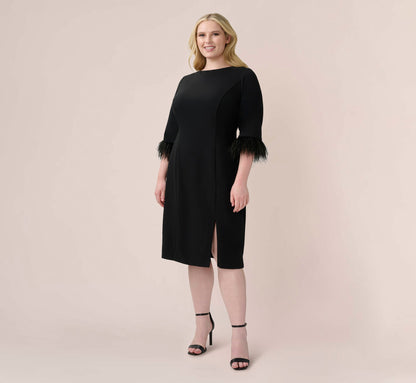 Plus Size Crepe Sheath Dress With V-Back And Feather-Trim Sleeves - Black | Adrianna Papell