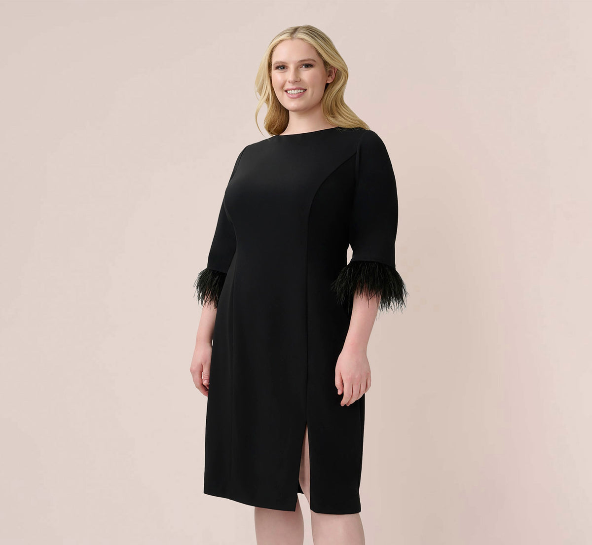 Plus Size Crepe Sheath Dress With V-Back And Feather-Trim Sleeves - Black | Adrianna Papell