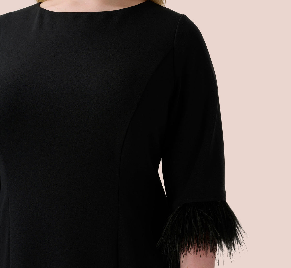 Plus Size Crepe Sheath Dress With V-Back And Feather-Trim Sleeves - Black | Adrianna Papell