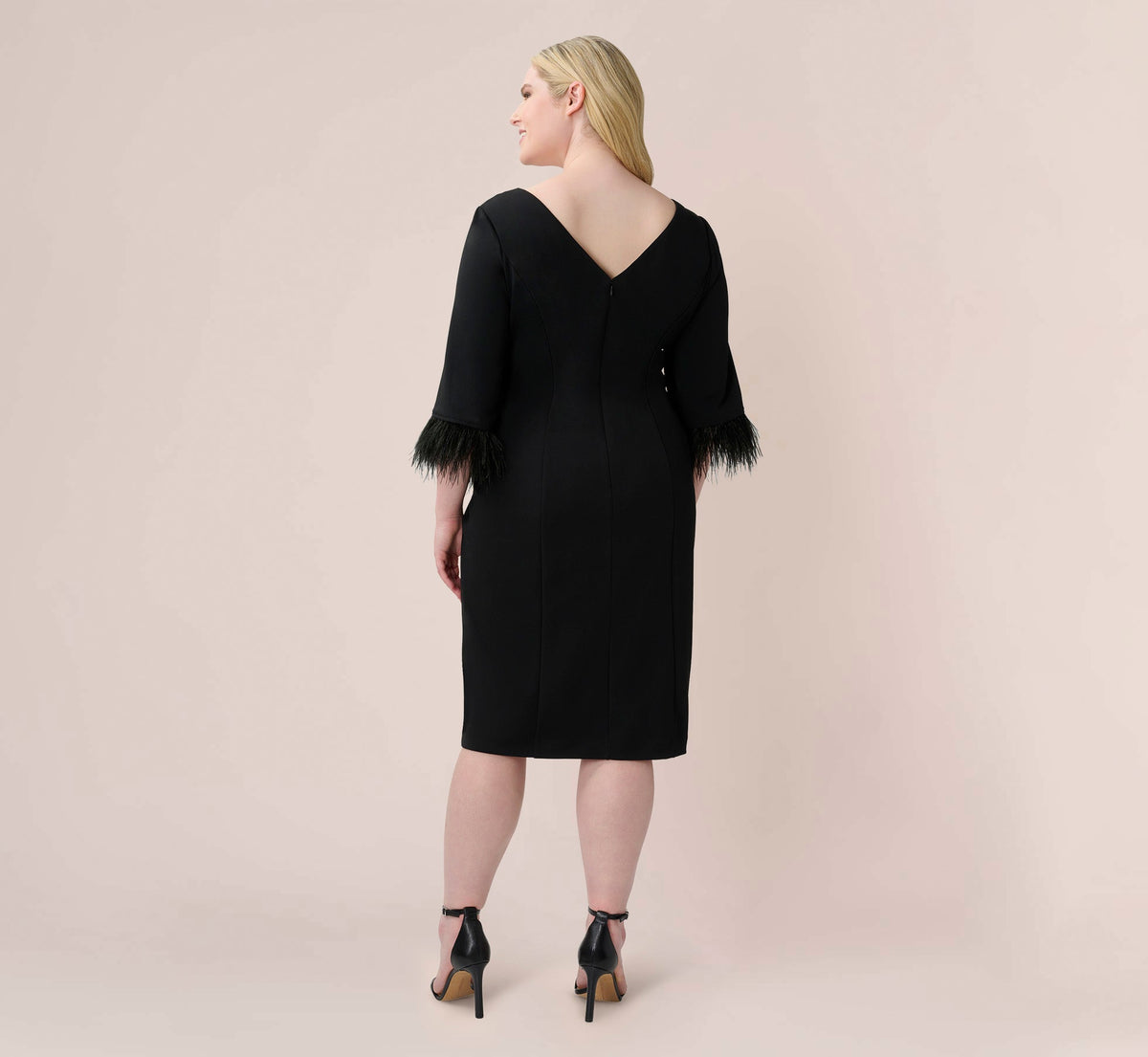Plus Size Crepe Sheath Dress With V-Back And Feather-Trim Sleeves - Black | Adrianna Papell