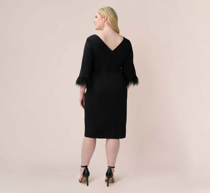 Plus Size Crepe Sheath Dress With V-Back And Feather-Trim Sleeves - Black | Adrianna Papell