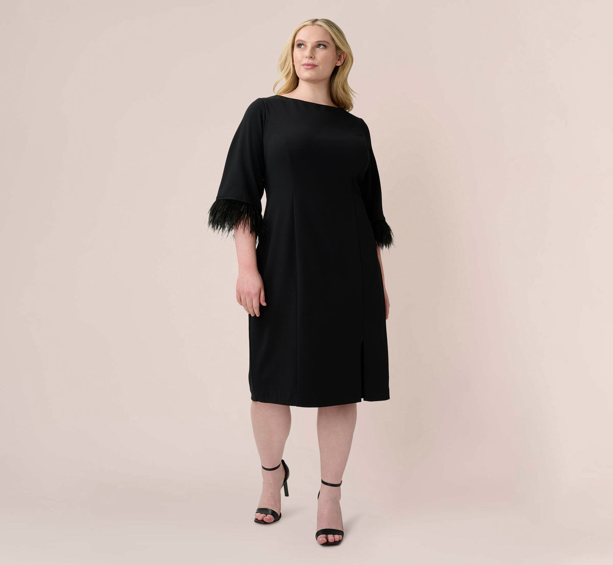 Plus Size Crepe Sheath Dress With V-Back And Feather-Trim Sleeves - Black | Adrianna Papell