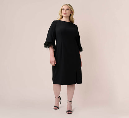 Plus Size Crepe Sheath Dress With V-Back And Feather-Trim Sleeves - Black | Adrianna Papell