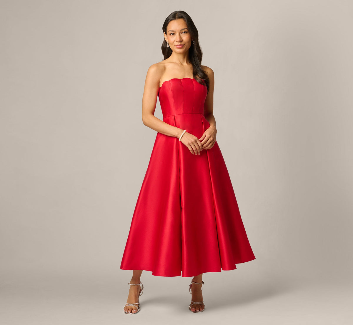 Petite Strapless Scalloped Fit And Flare Ankle Length Dress - Red | Adrianna Papell