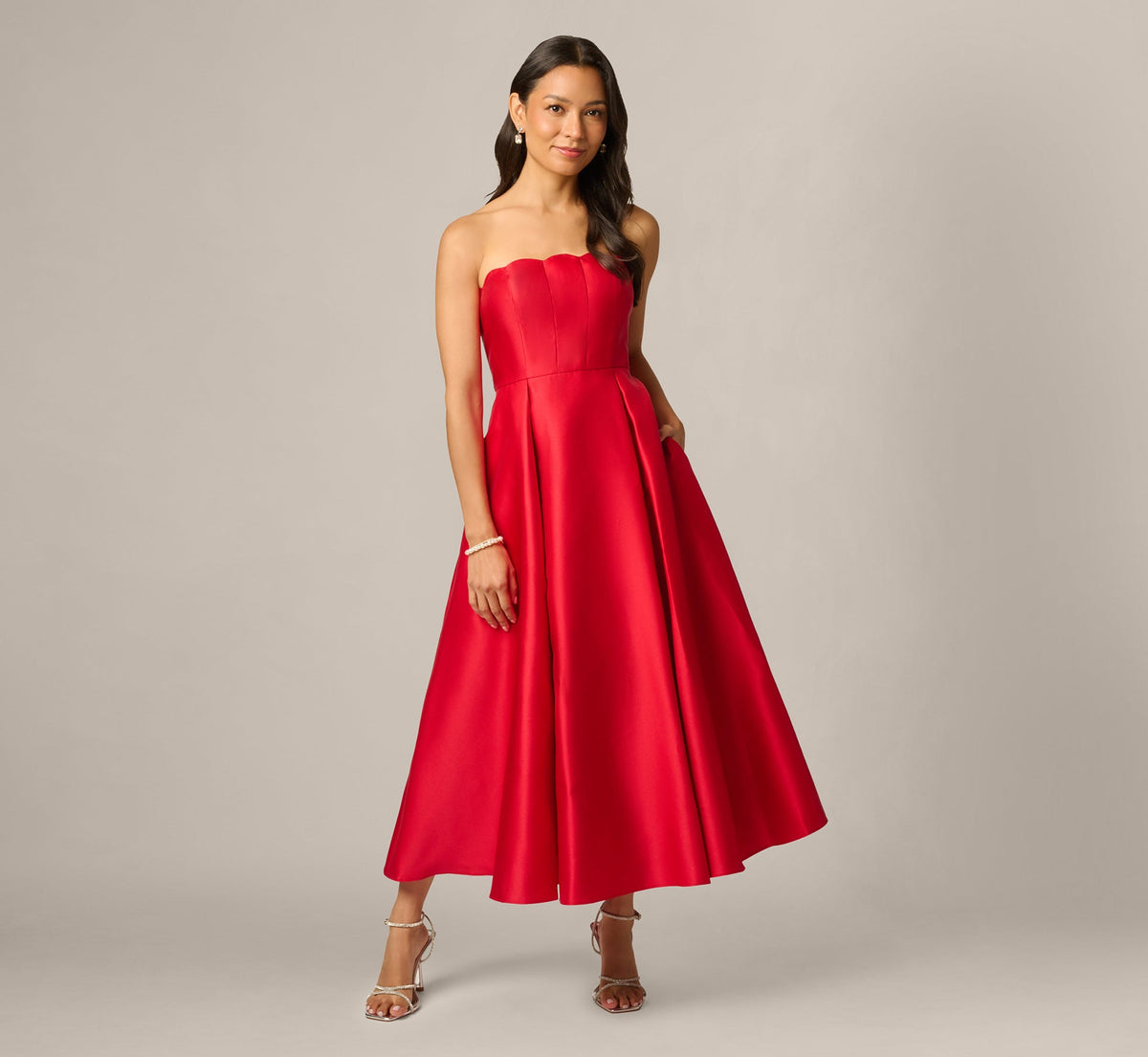 Petite Strapless Scalloped Fit And Flare Ankle Length Dress - Red | Adrianna Papell