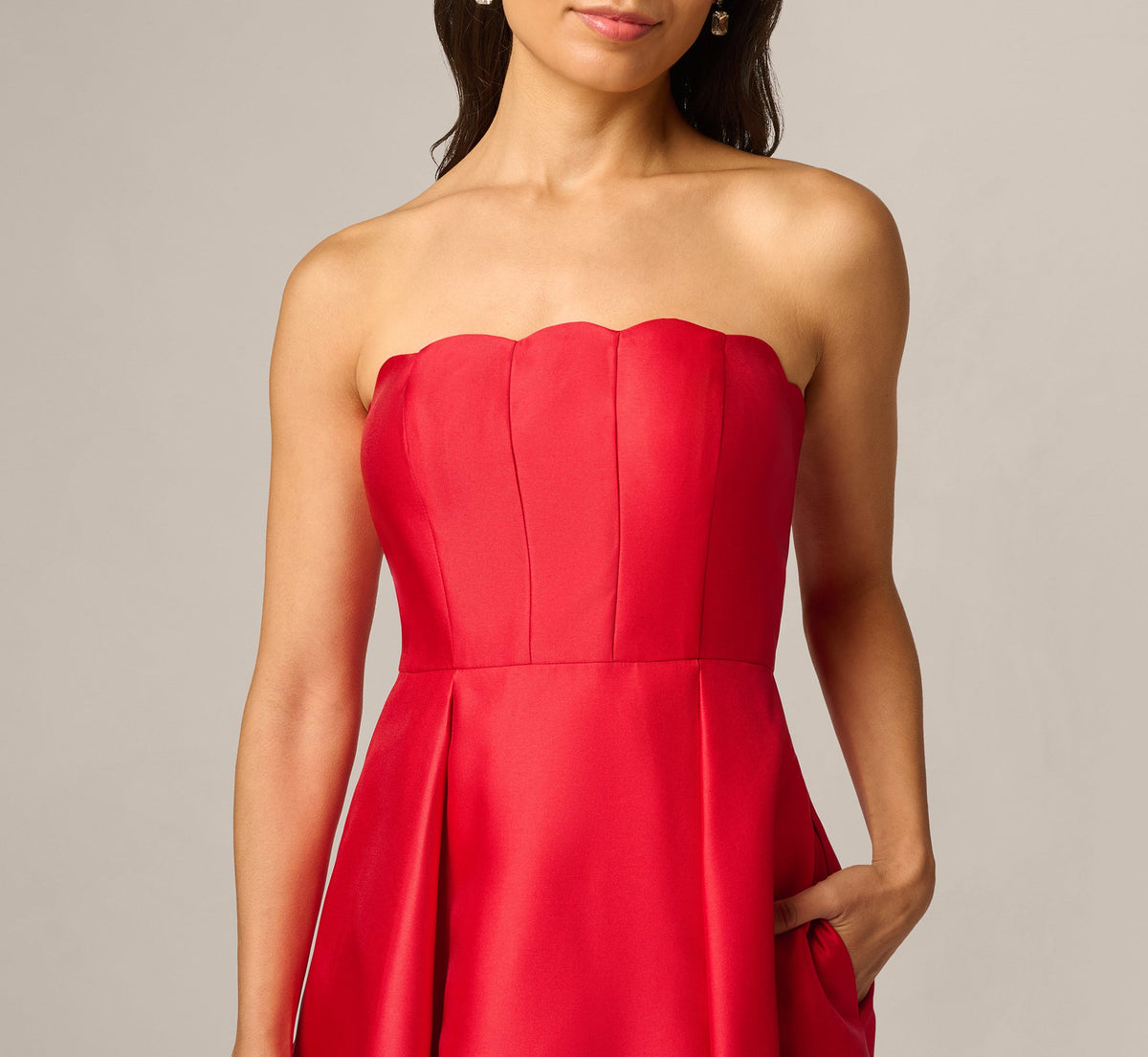 Petite Strapless Scalloped Fit And Flare Ankle Length Dress - Red | Adrianna Papell
