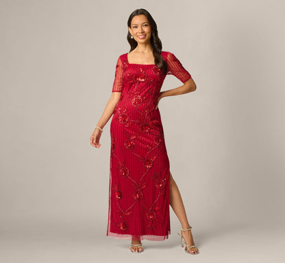 Petite Short Sleeve Linear Floral Beaded Column Gown - Cranberry | Adrianna Papell
