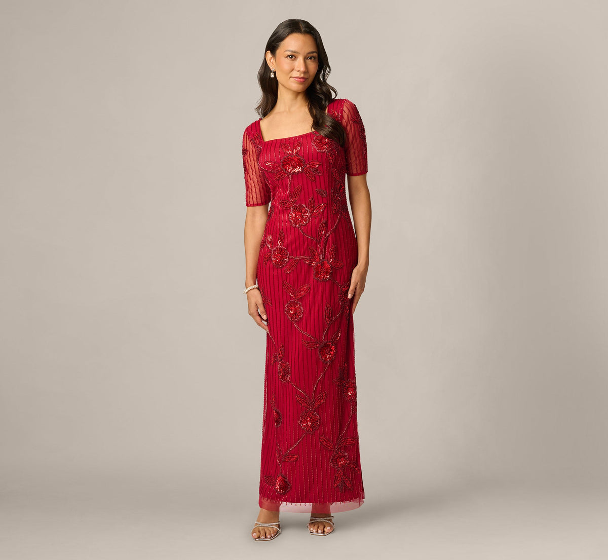 Petite Short Sleeve Linear Floral Beaded Column Gown - Cranberry | Adrianna Papell