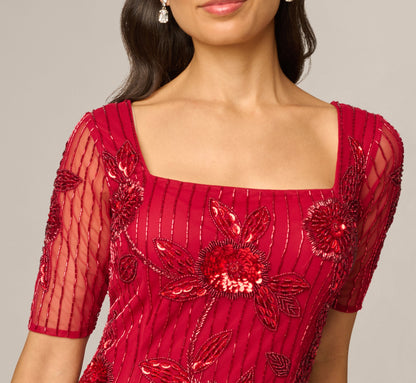 Petite Short Sleeve Linear Floral Beaded Column Gown - Cranberry | Adrianna Papell