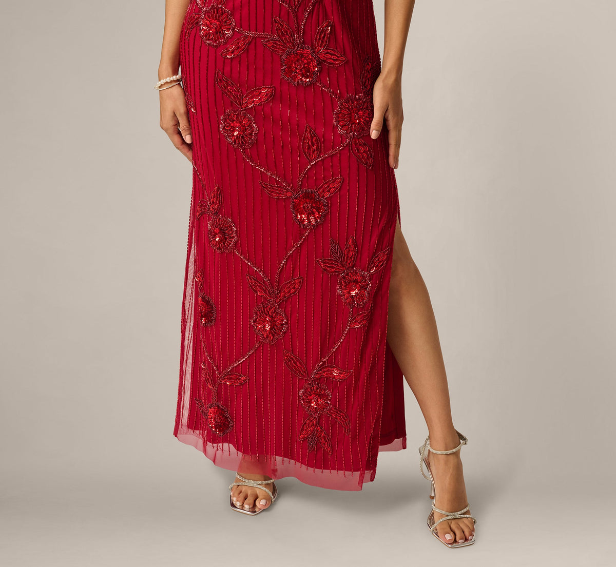 Petite Short Sleeve Linear Floral Beaded Column Gown - Cranberry | Adrianna Papell