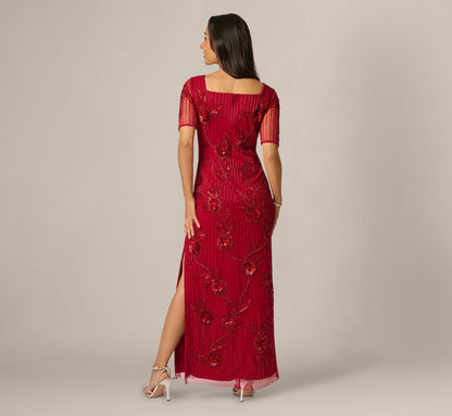 Petite Short Sleeve Linear Floral Beaded Column Gown - Cranberry | Adrianna Papell