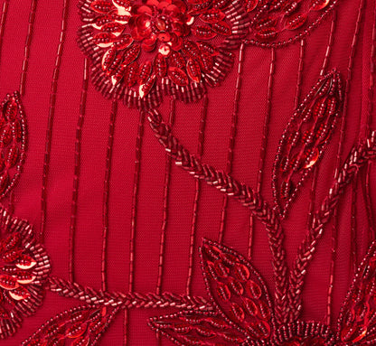Petite Short Sleeve Linear Floral Beaded Column Gown - Cranberry | Adrianna Papell