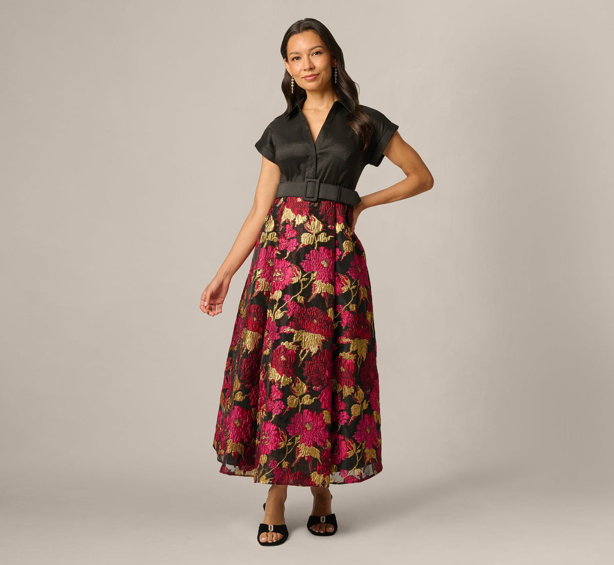 Petite Cap Sleeve Taffeta Floral Jacquard Combo Dress - Black Pink Multi | Adrianna Papell
