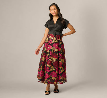Petite Cap Sleeve Taffeta Floral Jacquard Combo Dress - Black Pink Multi | Adrianna Papell