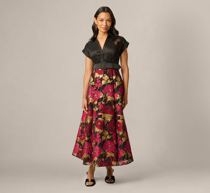 Petite Cap Sleeve Taffeta Floral Jacquard Combo Dress - Black Pink Multi | Adrianna Papell