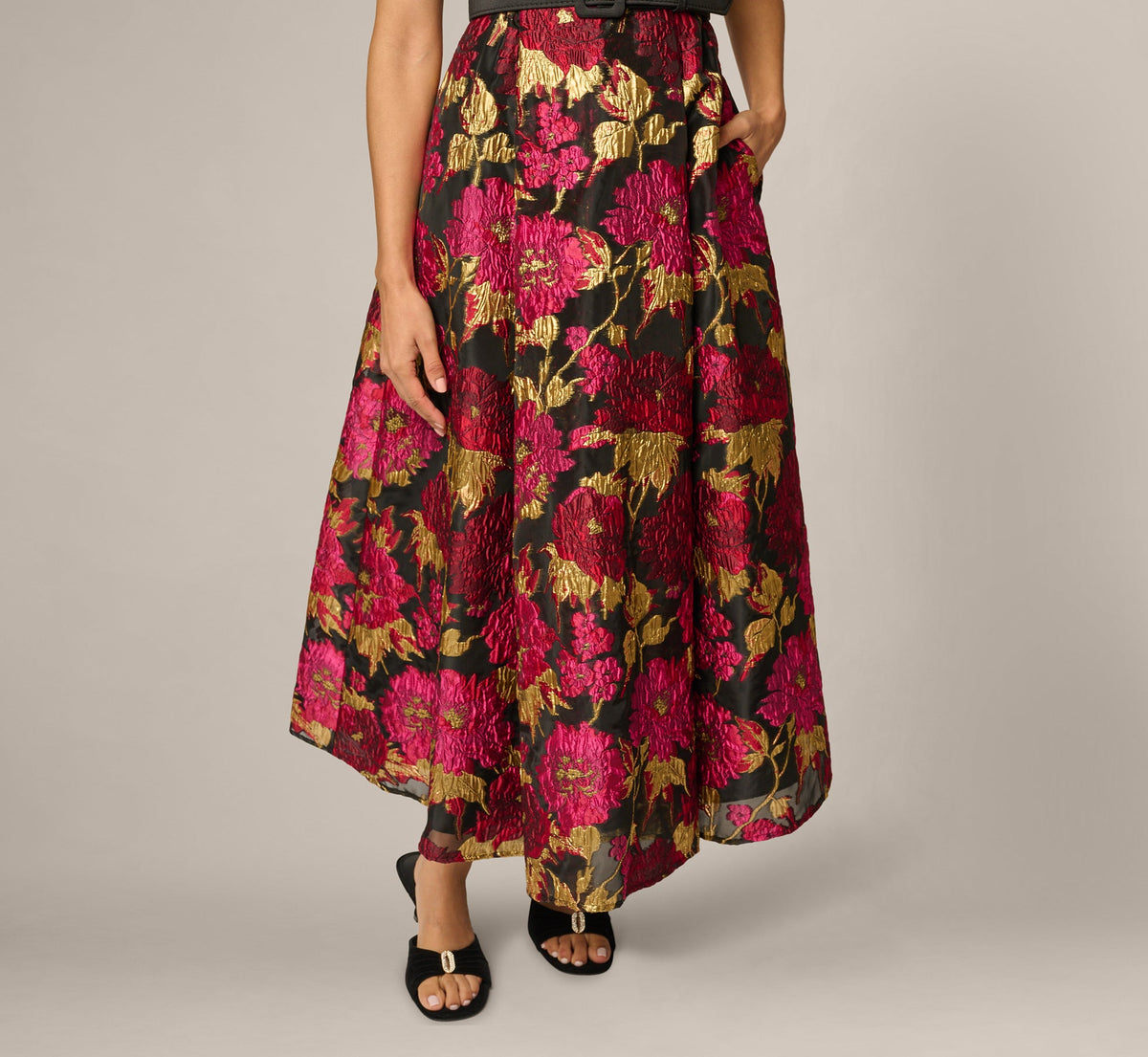 Petite Cap Sleeve Taffeta Floral Jacquard Combo Dress - Black Pink Multi | Adrianna Papell
