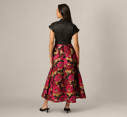 Petite Cap Sleeve Taffeta Floral Jacquard Combo Dress - Black Pink Multi | Adrianna Papell
