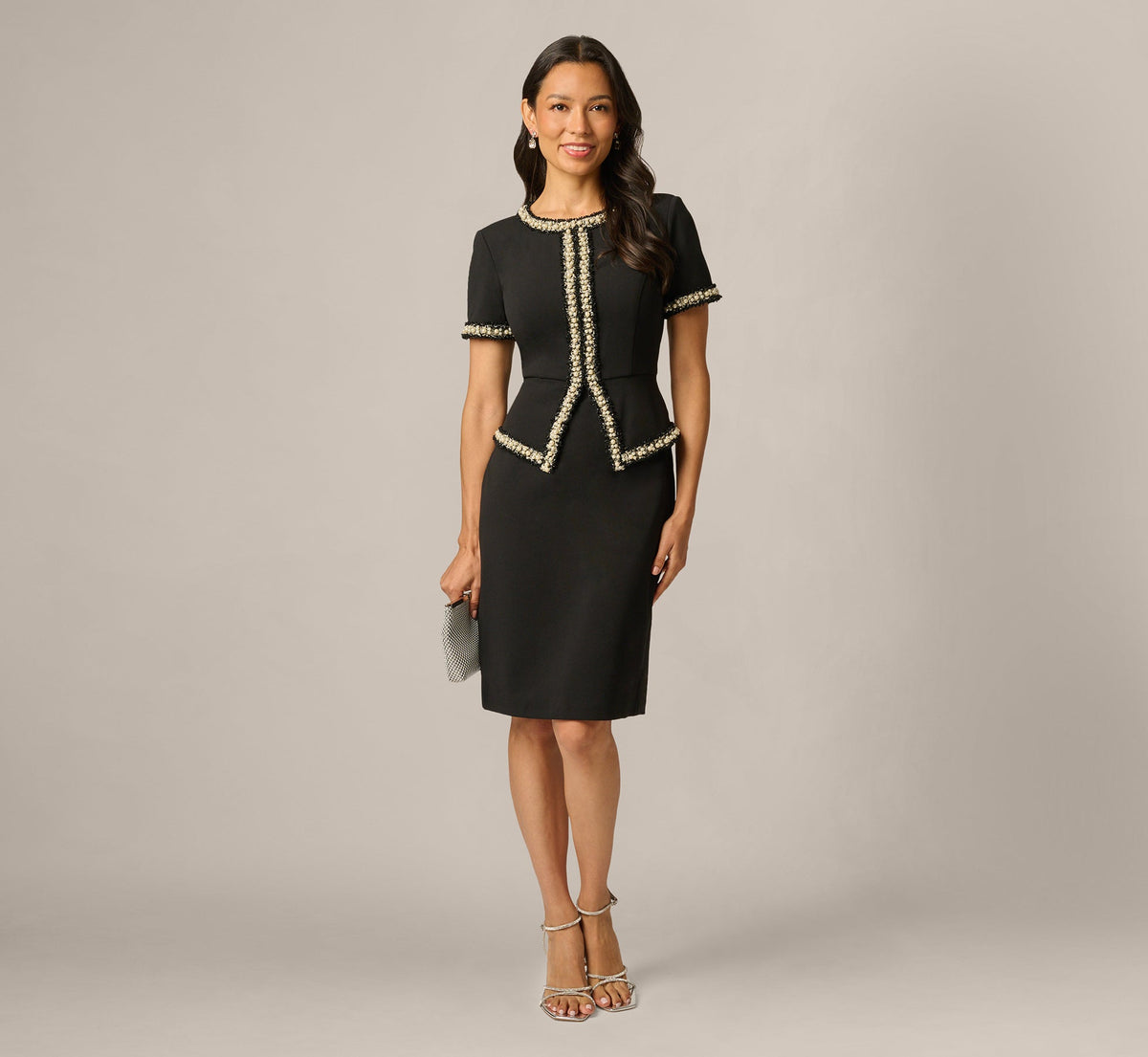 Petite Short Sleeve Pearly Trim Peplum Stretch Sheath Dress - Black | Adrianna Papell