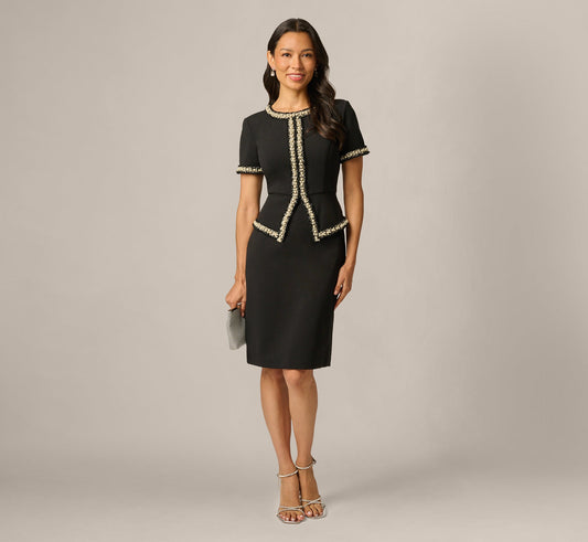 Petite Short Sleeve Pearly Trim Peplum Stretch Sheath Dress - Black | Adrianna Papell