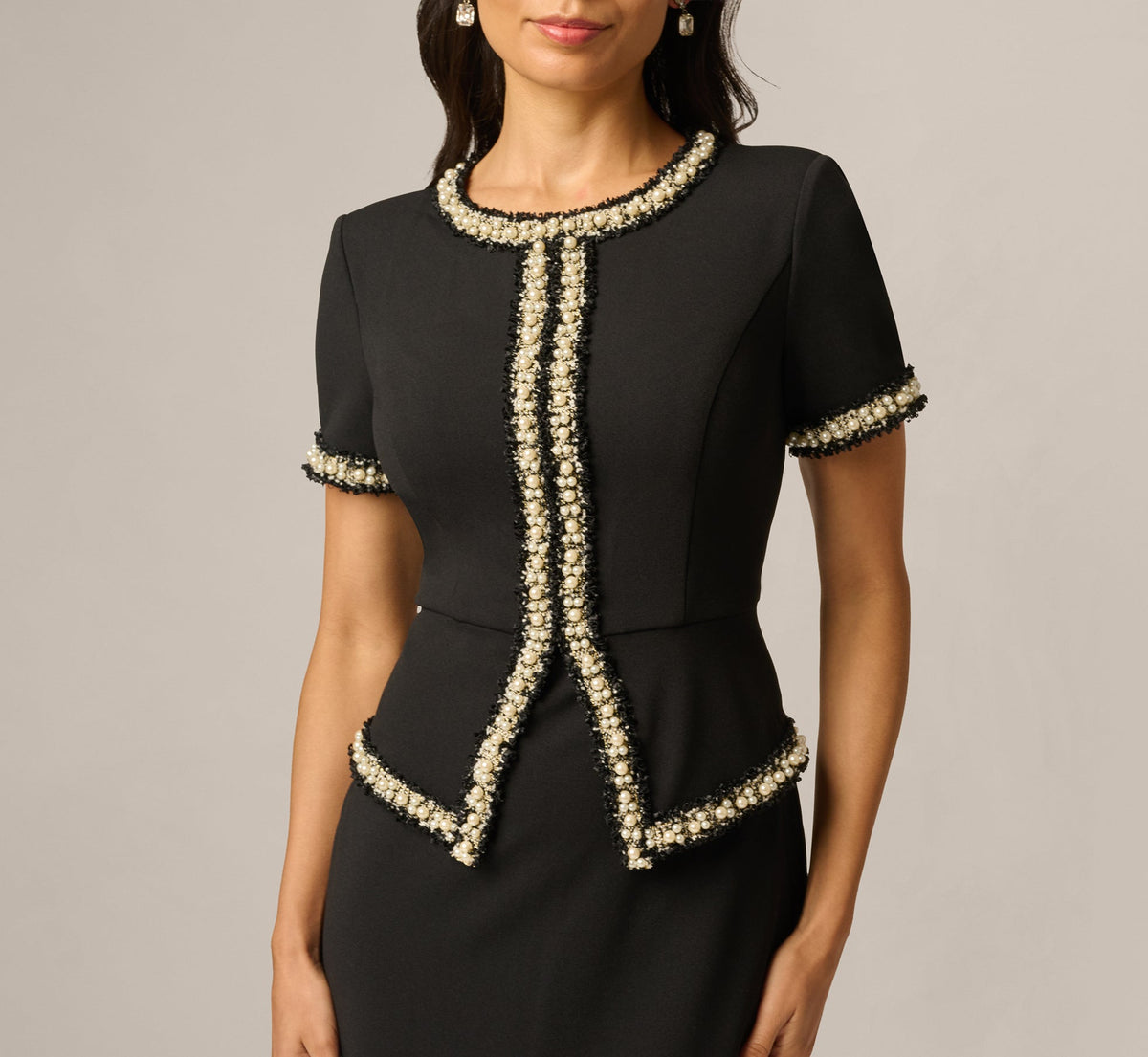 Petite Short Sleeve Pearly Trim Peplum Stretch Sheath Dress - Black | Adrianna Papell