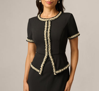 Petite Short Sleeve Pearly Trim Peplum Stretch Sheath Dress - Black | Adrianna Papell