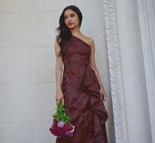 Petite One Shoulder Floral Embroidered Gown - Raisin | Adrianna Papell