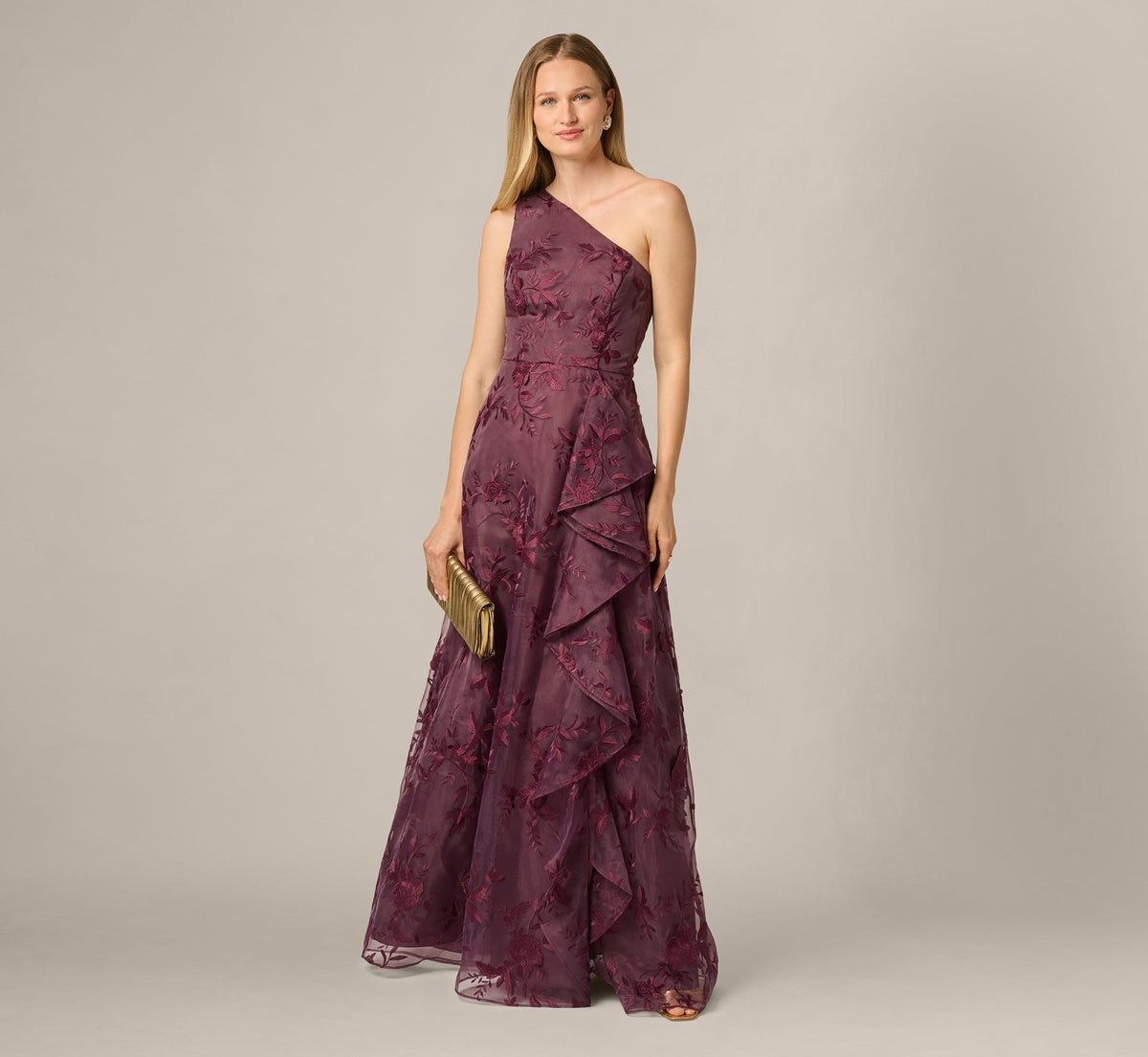 Petite One Shoulder Floral Embroidered Gown - Raisin | Adrianna Papell