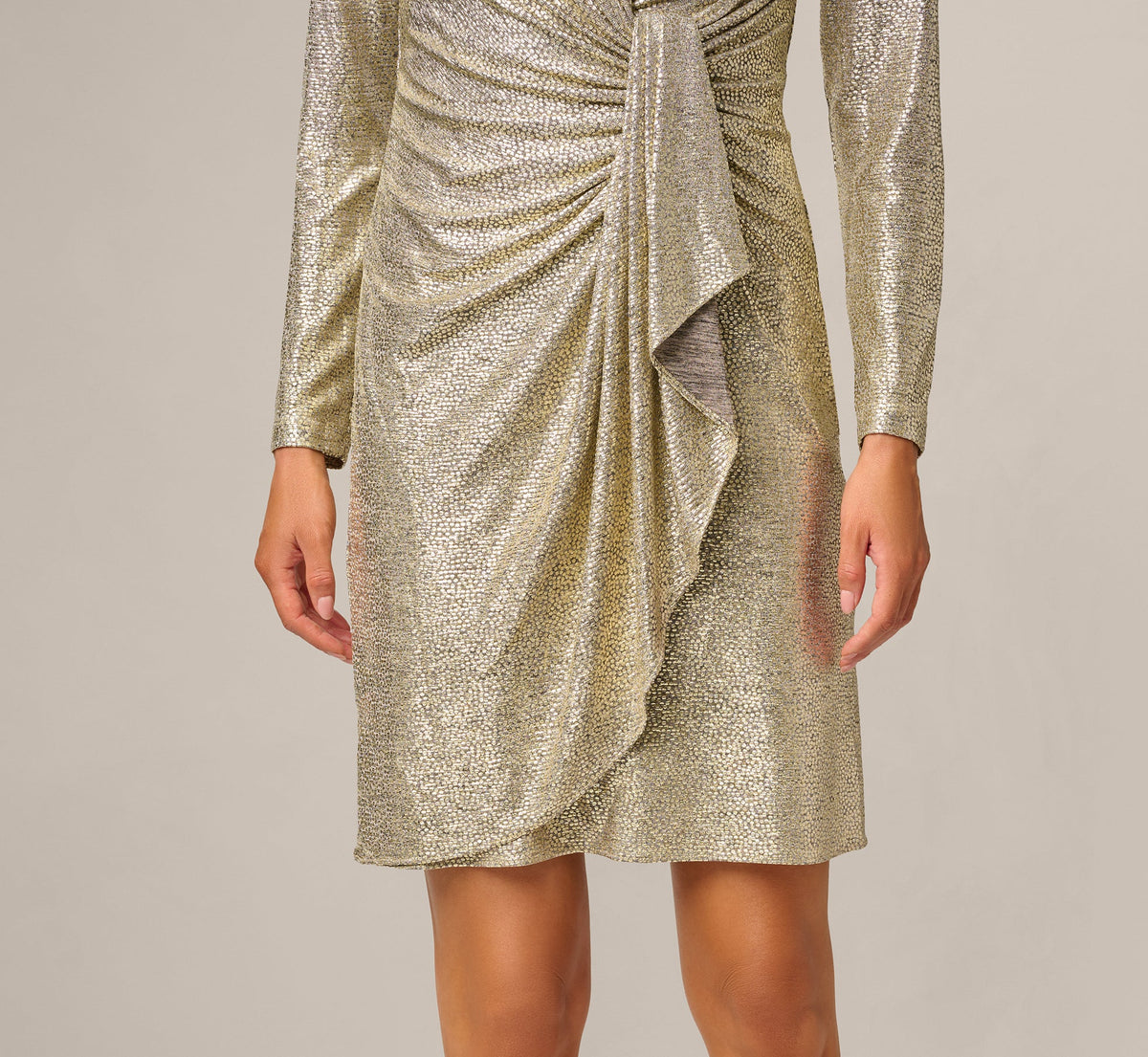 Petite Foil Knit Faux Wrap Dress With Long Sleeves - Light Gold | Adrianna Papell
